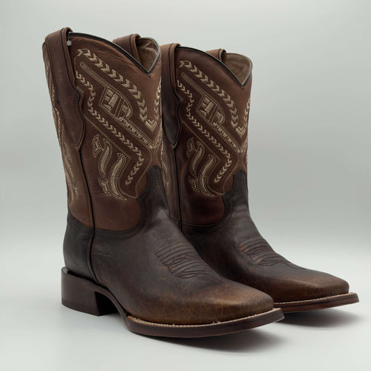 Bota Vaquera Tabaco Bicolor Punta Cuadrada — Suela de Cuero