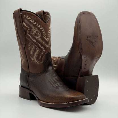 Bota Vaquera Tabaco Bicolor Punta Cuadrada — Suela de Cuero