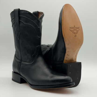 Bota Vaquera Negro Punta Oval — Suela de Cuero